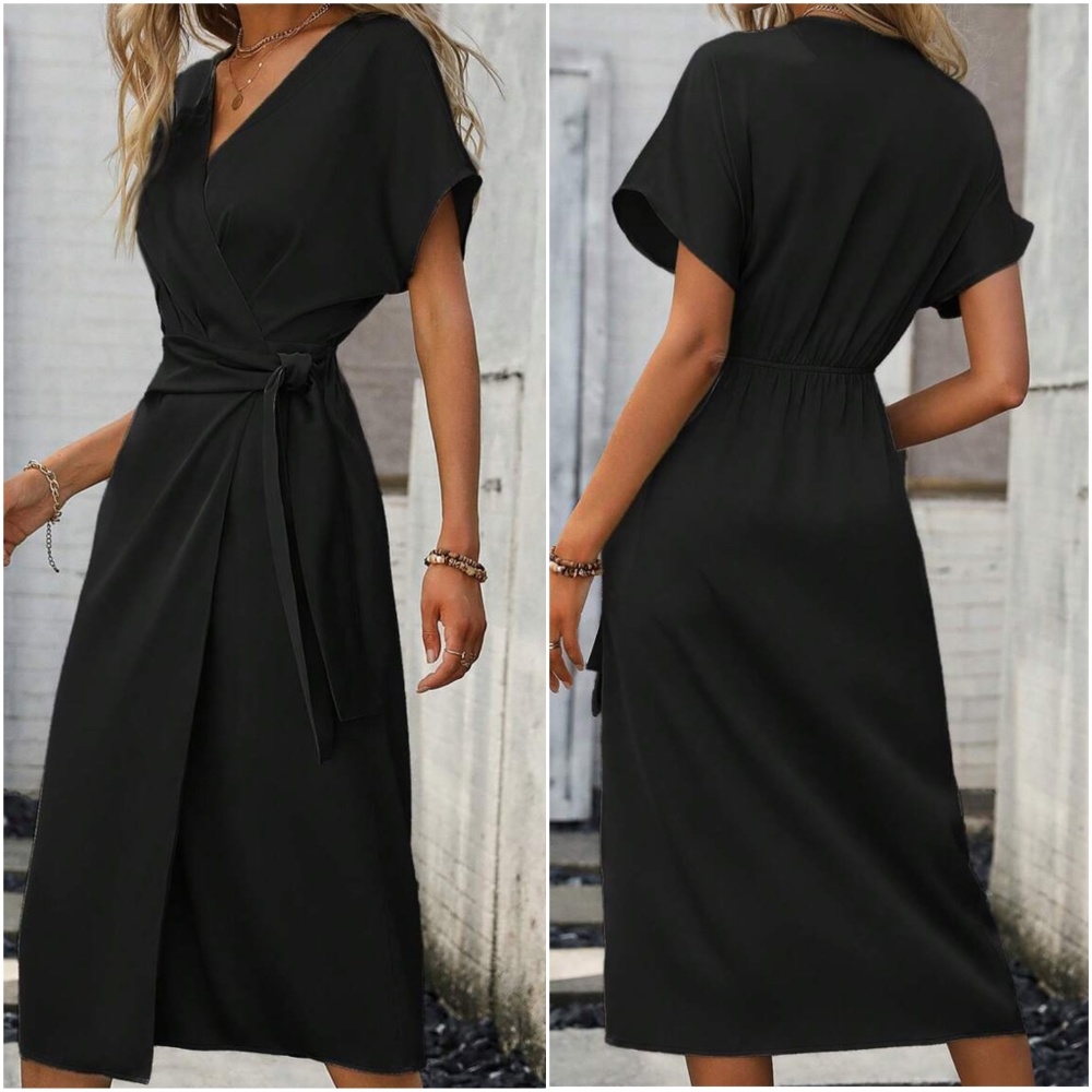 Classic Solid Pleated Wrap Midi Dress - Picture 6 of 9